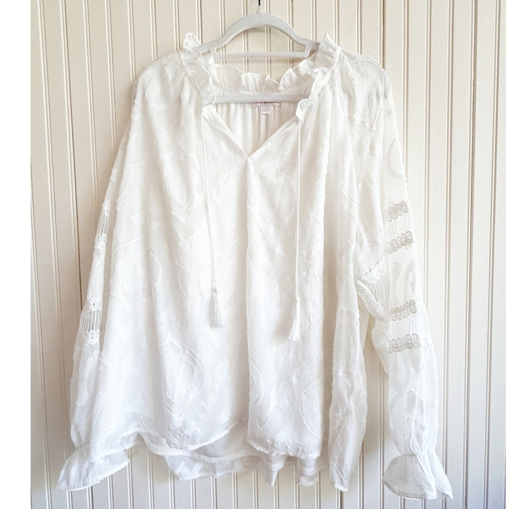 Belle by Kim Gravel White Burnout Lightweight Lace Sleeve Tassel Blouse Size 2X
